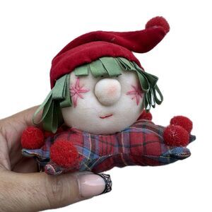 Vintage Nylon Stocking Elf Face Ribbon Hair Plaid Pillow Body Christmas Ornament